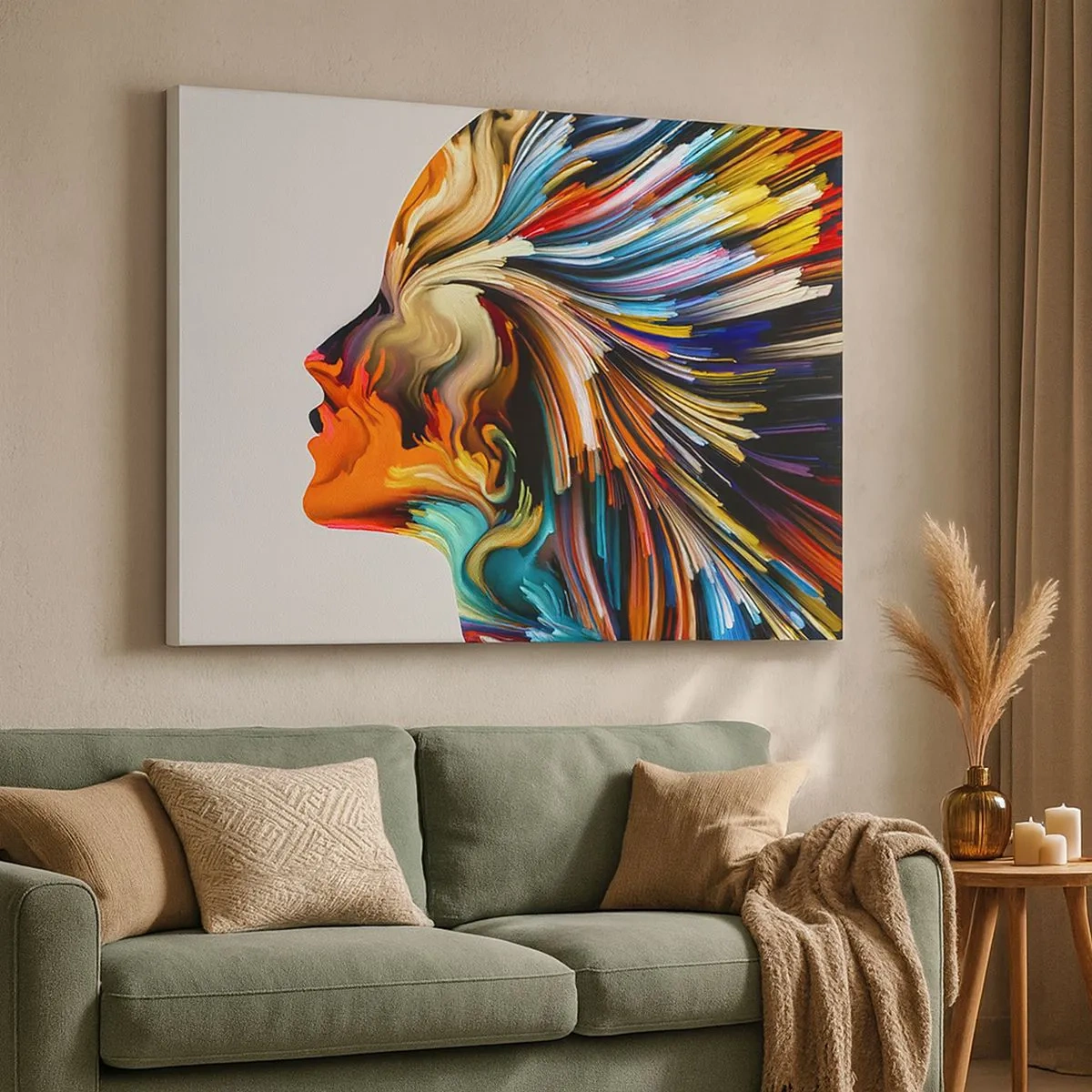 Obraz na płótnie - Abstrakcyjny profil twarzy z kolorowymi dynamicznymi liniami - 70x50cm - Eksplozja wyobraźni - Nowoczesna dekoracja ścienna do salonu i sypialni ARTTOR