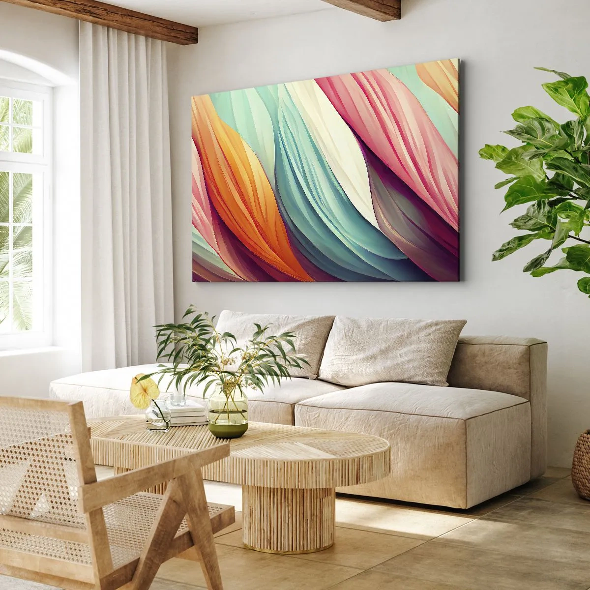 Obraz na płótnie - Abstrakcyjne linie w pastelowych i żywych barwach - 70x50cm - Tęczowy splot - Nowoczesna dekoracja ścienna do salonu i sypialni ARTTOR