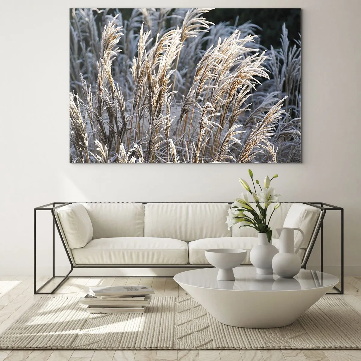 Obraz na szkle - Zmrożone trawy w zimowym słońcu - 120x80cm - Szronem ustrojone - Nowoczesna dekoracja ścienna do salonu, kuchni i sypialni ARTTOR