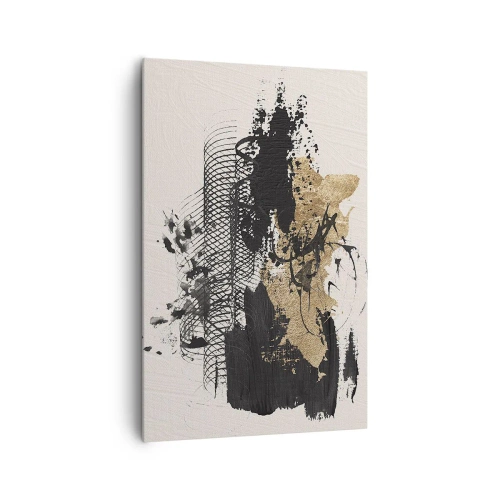 Obraz na płótnie - Abstrakcyjny obraz w czerni i złocie z dynamicznymi liniami i strukturami - 80x120cm - Kompozycja z pasją - Nowoczesna dekoracja ścienna do salonu i sypialni ARTTOR