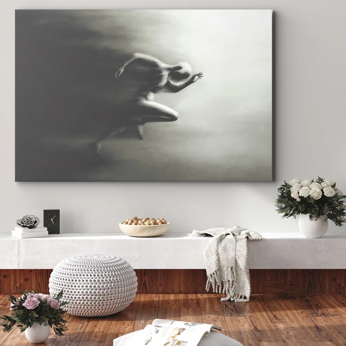 Obraz na płótnie - Czarno-biała sylwetka biegnącej postaci w dynamicznym i surrealistycznym stylu - 70x50cm - Niepowstrzymany - Nowoczesna dekoracja ścienna do salonu i sypialni ARTTOR
