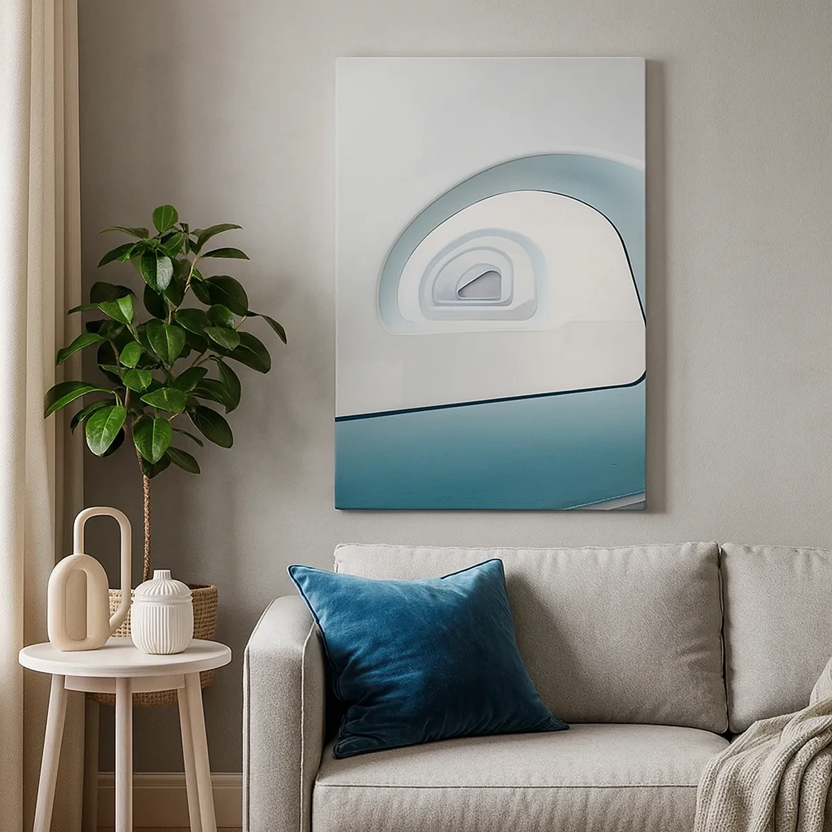 Obraz na płótnie - Nowoczesne łuki architektoniczne w odcieniach bieli i błękitu - 50x70cm - Do dna błękitu - Nowoczesna dekoracja ścienna do salonu, kuchni i sypialni ARTTOR