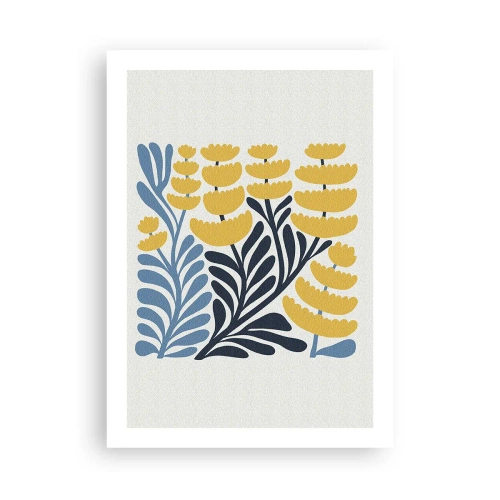 Plakat - Stylizowane żółte i granatowe kwiaty w minimalistycznym stylu - 50x70cm - Słoneczna rabata - Nowoczesna dekoracja ścienna do salonu, kuchni i sypialni ARTTOR