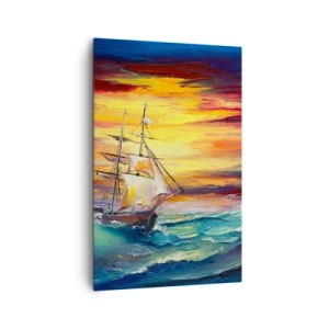 Obraz na płótnie - Żaglowiec na tle kolorowego zachodu słońca - 80x120cm - Dzielnie pod fale - Nowoczesna dekoracja ścienna do salonu i sypialni ARTTOR