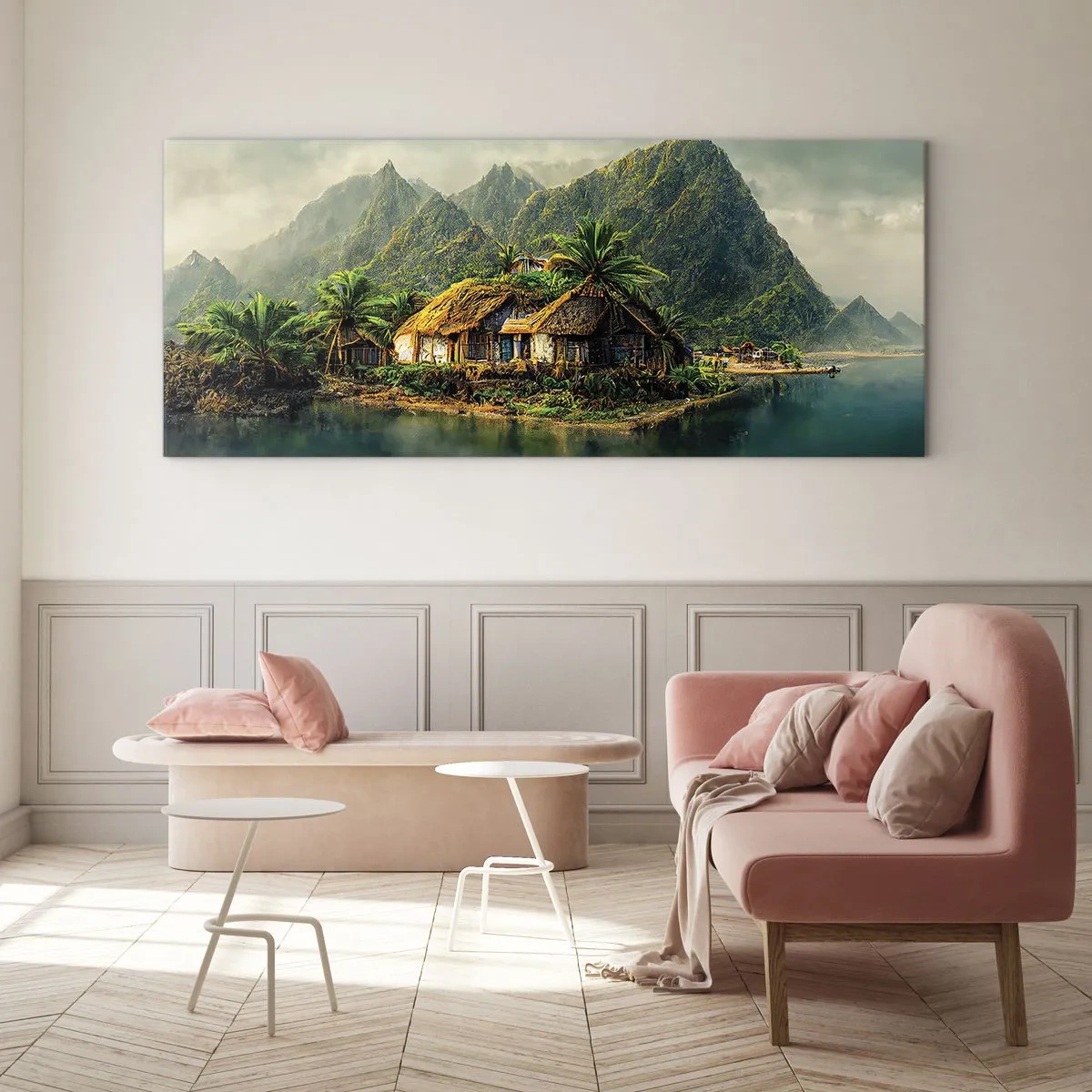 Obraz na szkle - Tropikalna wyspa z palmami i górami w tle - 120x50cm - Tropikalny raj - Nowoczesna dekoracja ścienna do salonu i sypialni ARTTOR