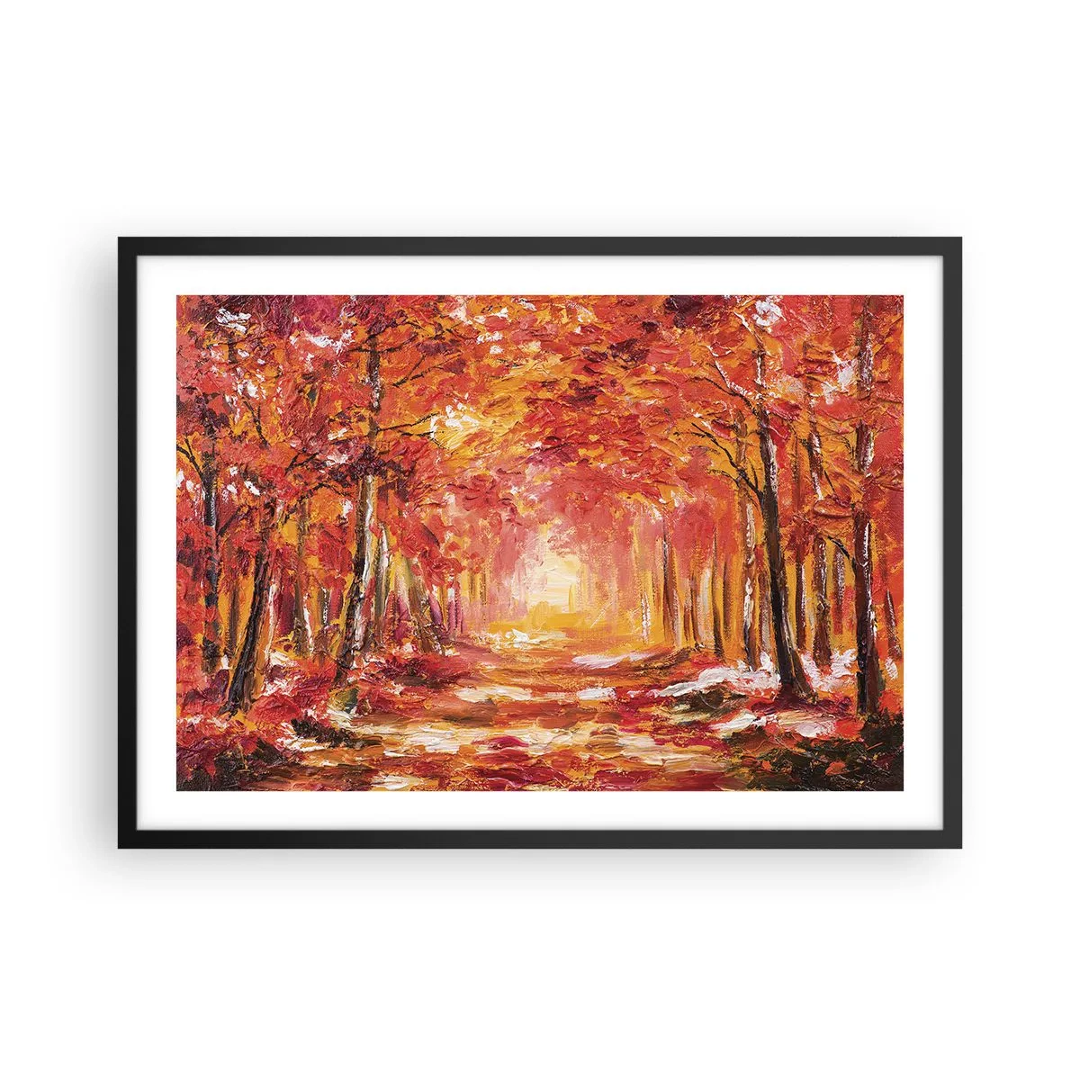 Plakat w czarnej ramie - Jesienny las w odcieniach miedzi i złota - 70x50cm - Miedziany las - Nowoczesna dekoracja ścienna do salonu i sypialni ARTTOR