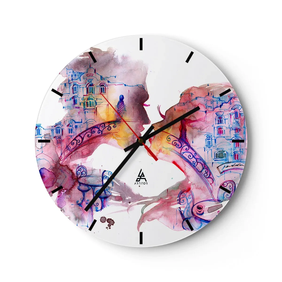 Zegar ścienny - Kolorowa grafika z mostem i architekturą w tle - 30x30cm - Tajemny most westchnień - Nowoczesna dekoracja ścienna do salonu, kuchni i sypialni ARTTOR