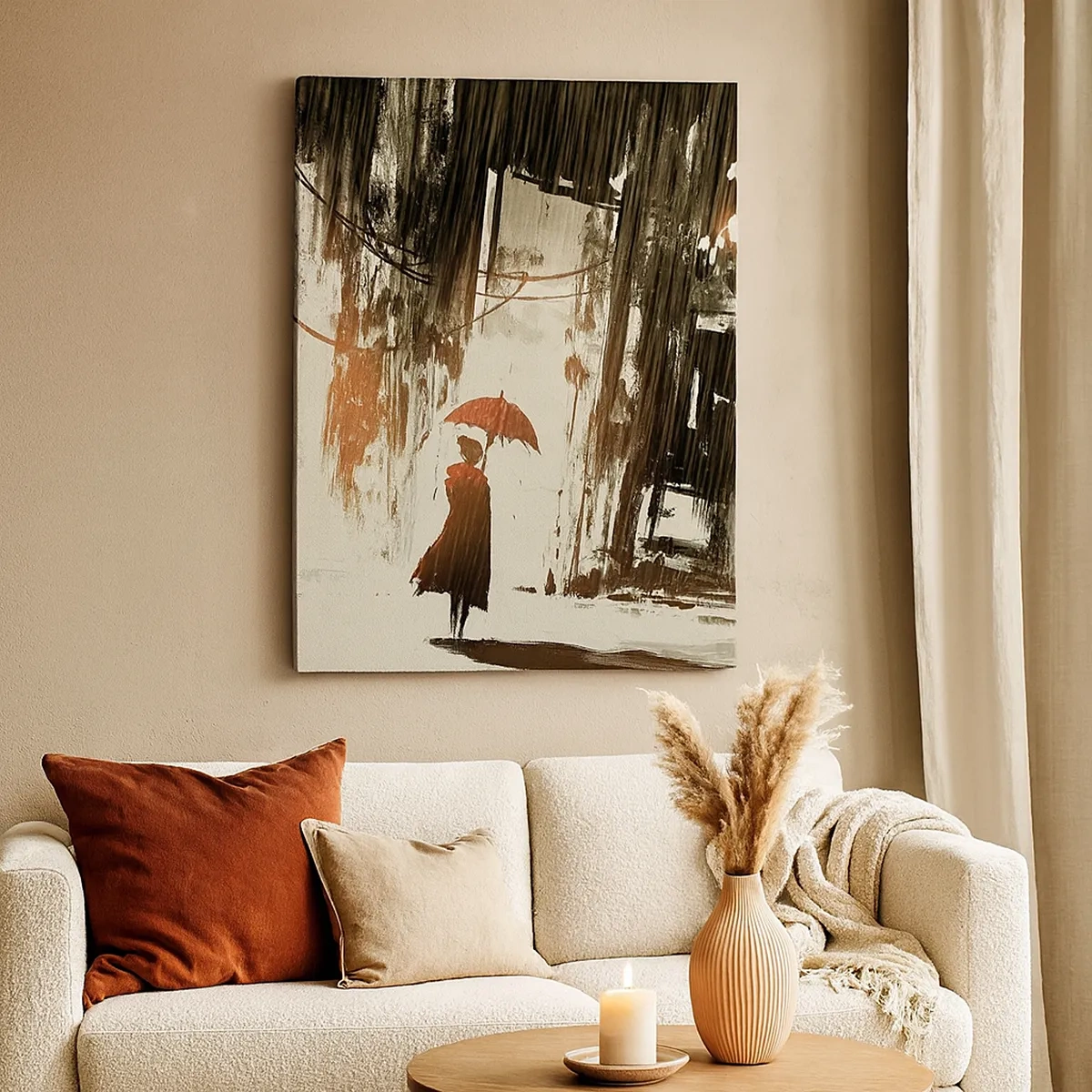 Obraz na płótnie - Postać z parasolem w deszczowej abstrakcyjnej scenerii - 50x70cm - Poezja czerwonego parasola - Nowoczesna dekoracja ścienna do salonu, kuchni i sypialni ARTTOR