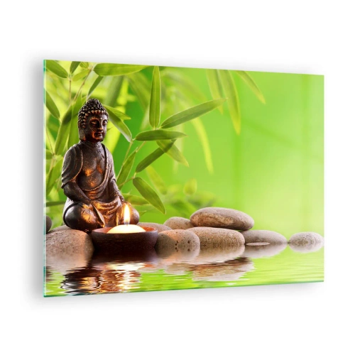Obraz na szkle - Figura Buddy z zapaloną świecą w zielonej scenerii - 70x50cm - Życie jest piękne - Nowoczesna dekoracja ścienna do salonu i sypialni ARTTOR