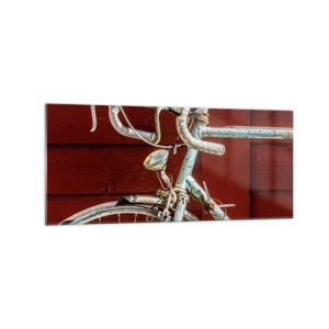 Obraz na szkle - Zabytkowy rower na tle czerwonej drewnianej ściany - 120x50cm - Stworzony do zwycięstw - Nowoczesna dekoracja ścienna do salonu i sypialni ARTTOR