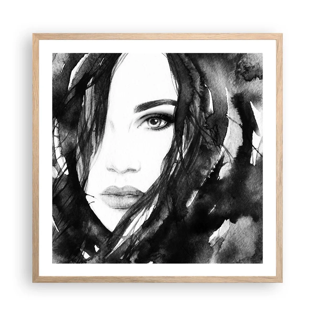 Plakat w ramie jasny dąb - Portret damy w czerni i bieli - 60x60 cm