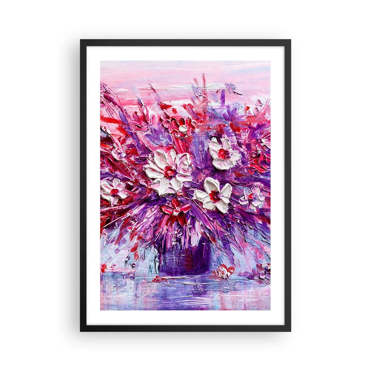 Plakat w czarnej ramie - Bukiet kwiatów w odcieniach różu, fioletu i bieli - 50x70cm - Niewinność i namiętność  - Nowoczesna dekoracja ścienna do salonu i sypialni ARTTOR