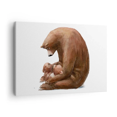 Obraz na płótnie - Niedźwiedzica z dwoma małymi niedźwiadkami w ramionach - 70x50cm - Słodkich snów, dzieciaki - Nowoczesna dekoracja ścienna do salonu i sypialni ARTTOR