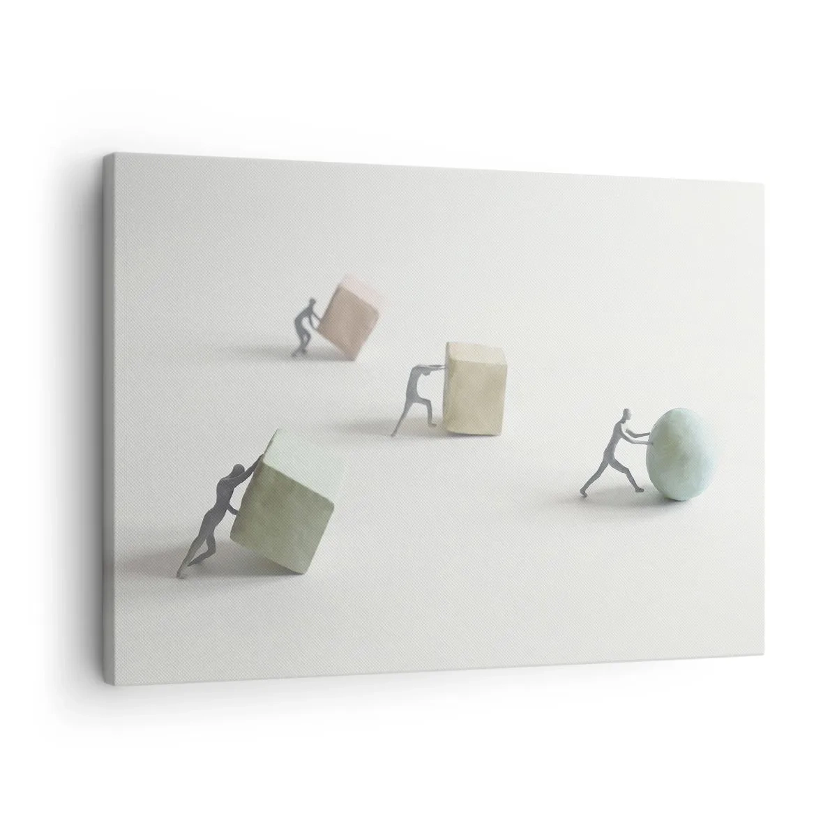 Obraz na płótnie - Miniaturowe postacie pchające kształty na jasnym tle - 70x50cm - Samo życie - Nowoczesna dekoracja ścienna do salonu i sypialni ARTTOR