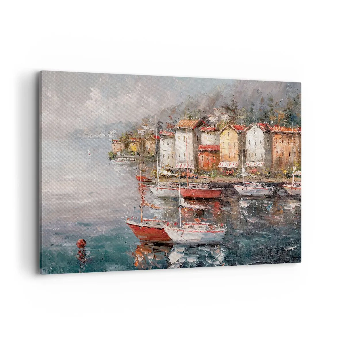 Obraz na płótnie - Nadmorska sceneria z łodziami i kolorowymi domami - 120x80cm - Romantyczna przystań - Nowoczesna dekoracja ścienna do salonu, kuchni i sypialni ARTTOR
