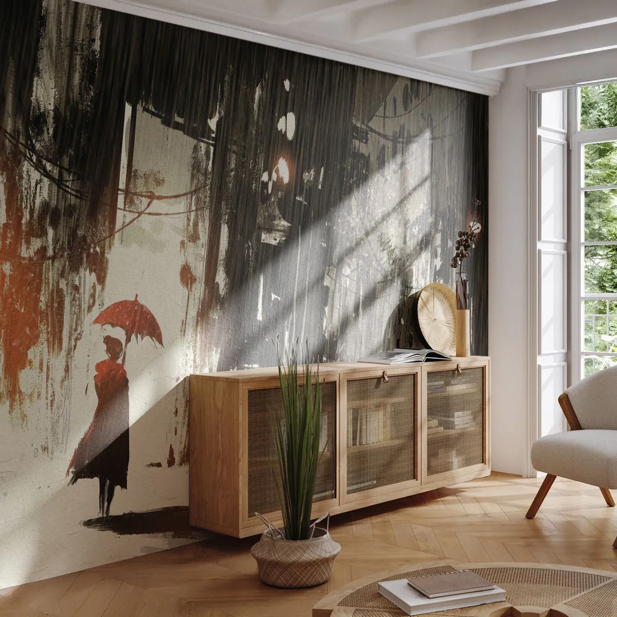 Fototapeta Samoprzylepna Deluxe Sticker - Poezja czerwonego parasola - Miasto, Kobieta, Architektura - 300x210 cm