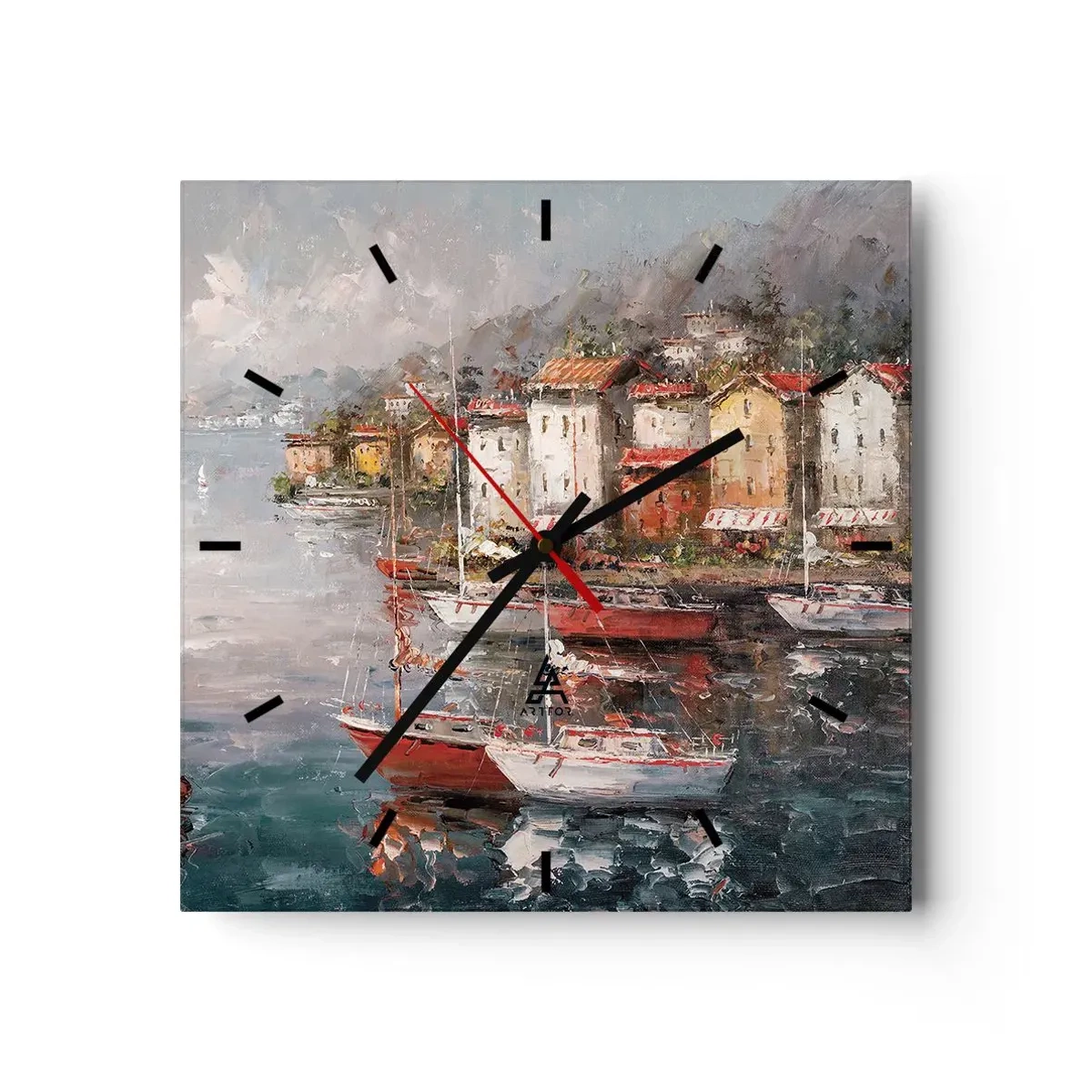 Zegar ścienny - Nadmorska sceneria z łodziami i kolorowymi domami - 30x30cm - Romantyczna przystań - Nowoczesna dekoracja ścienna do salonu i sypialni ARTTOR