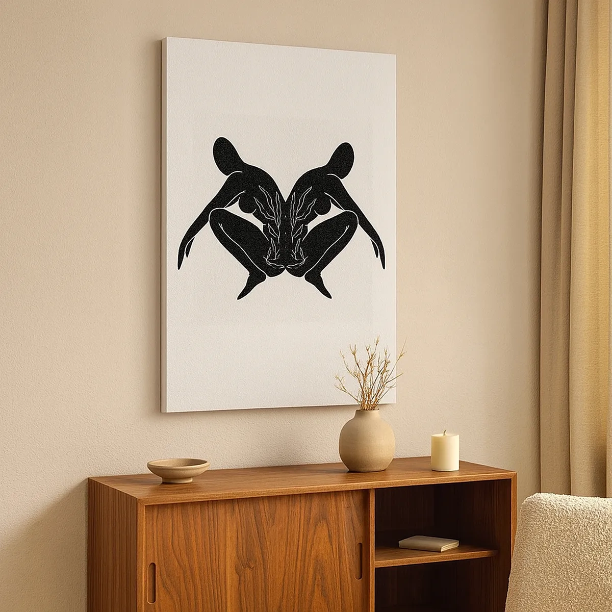 Obraz na płótnie - Symboliczna ilustracja dwóch połączonych sylwetek w czerni na jasnym tle - 50x70cm - Wspólna dusza - Nowoczesna dekoracja ścienna do salonu, kuchni i sypialni ARTTOR