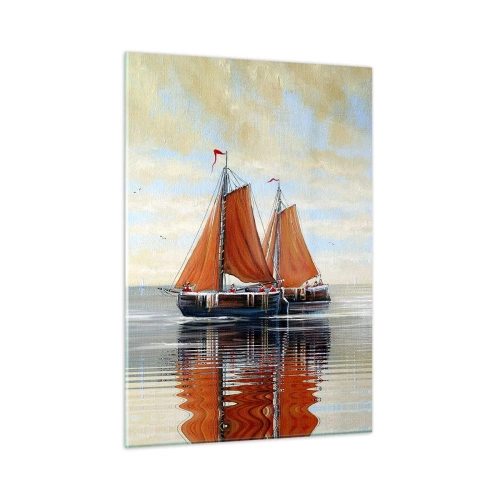Obraz na szkle - Żaglowce na spokojnym morzu o zachodzie słońca - 50x70cm - Hej, żeglujże, żeglarzu… - Nowoczesna dekoracja ścienna do salonu, kuchni i sypialni ARTTOR