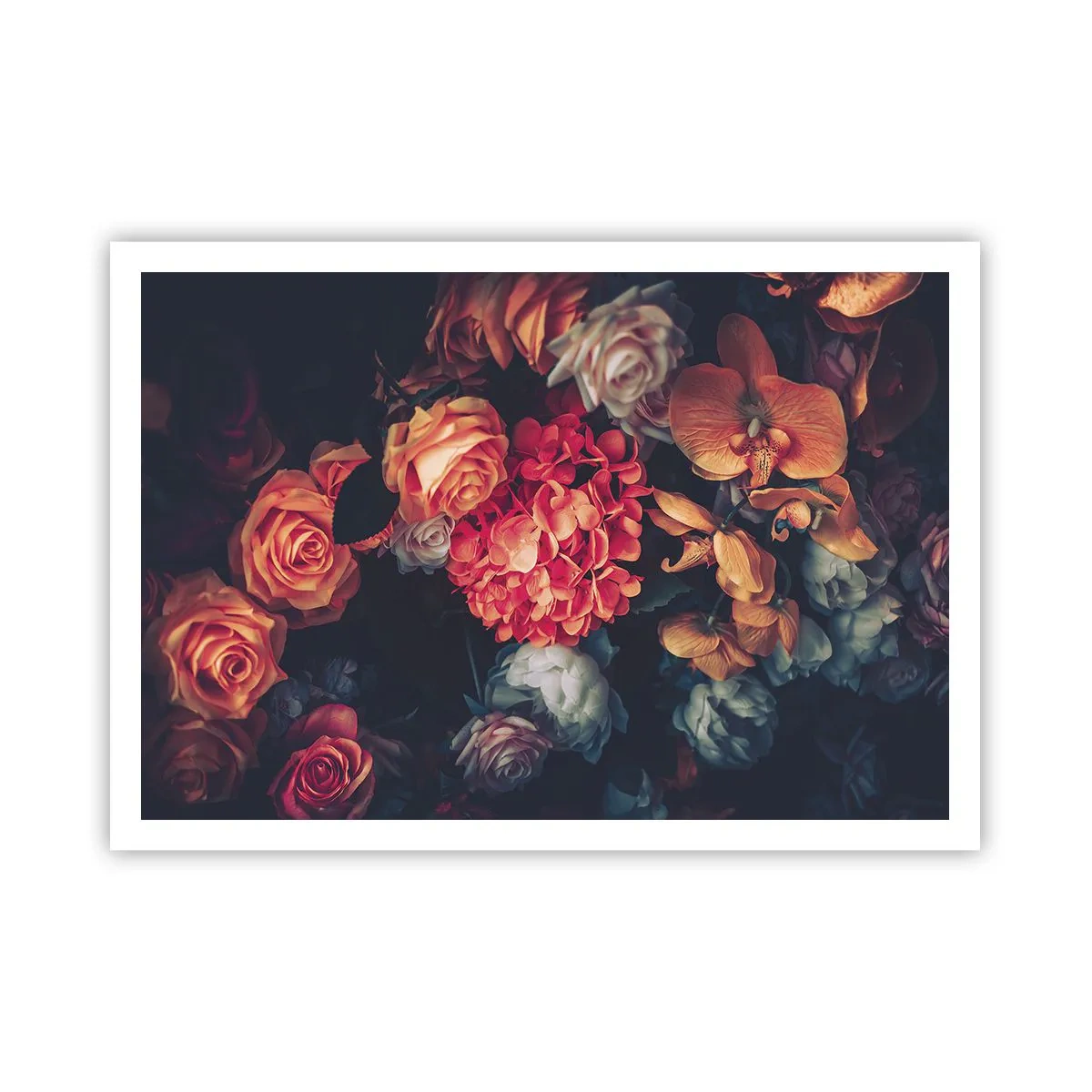 Plakat - Bukiet różnorodnych kwiatów w ciemnej tonacji - 100x70cm - Jak u holenderskich mistrzów - Nowoczesna dekoracja ścienna do salonu i sypialni ARTTOR