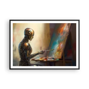 Plakat w czarnej ramie - Robot malujący na płótnie w artystycznym stylu - 100x70cm - Sztuka przyszłości - Nowoczesna dekoracja ścienna do salonu i sypialni ARTTOR