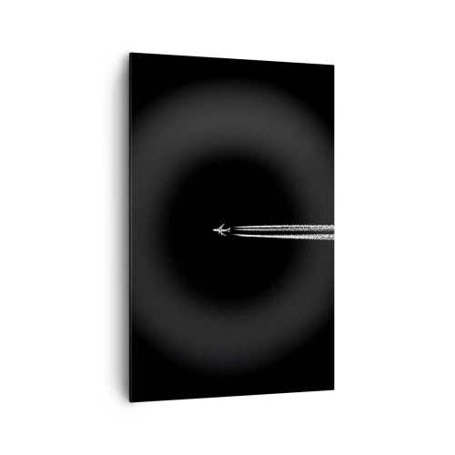 Obraz na płótnie - Samolot odrzutowy z widoczną smugą na czarnym tle - 80x120cm - W inny wymiar - Nowoczesna dekoracja ścienna do salonu i sypialni ARTTOR