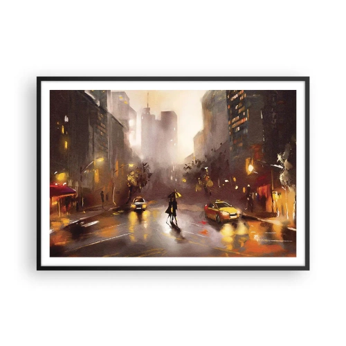 Plakat w czarnej ramie - Miejska scena nocą w świetle latarni i refleksach na mokrej ulicy - 100x70cm - W światłach Nowego Jorku - Nowoczesna dekoracja ścienna do salonu i sypialni ARTTOR