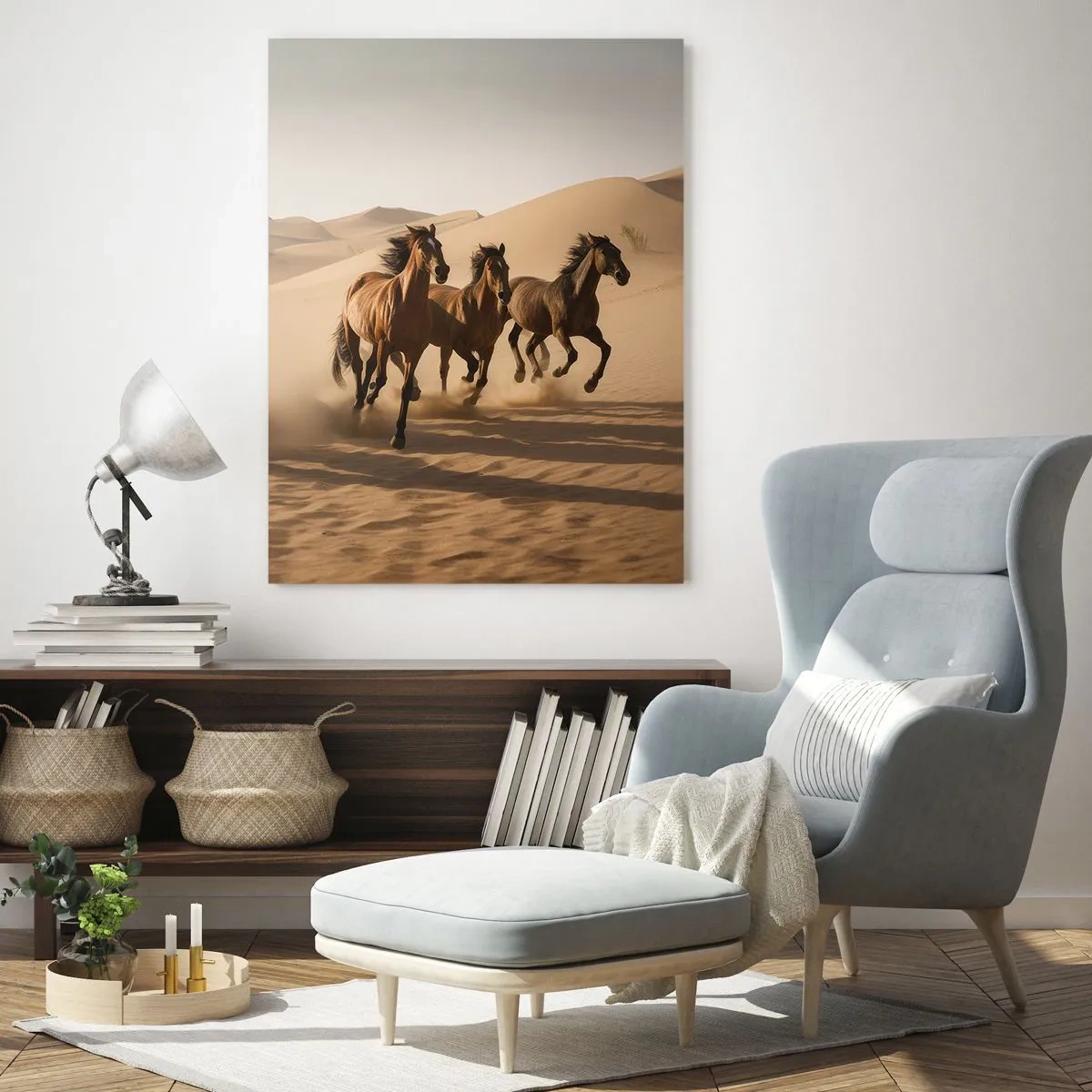 Obraz na szkle - Stado galopujących koni na pustyni wśród piaskowych wydm - 50x70cm - Wolne jak wiatr - Nowoczesna dekoracja ścienna do salonu, kuchni i sypialni ARTTOR