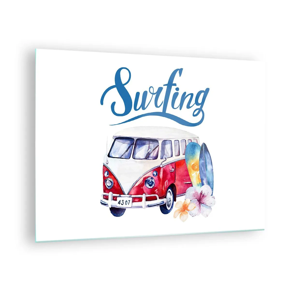 Obraz na szkle - Motyw surfingu z vanem i deskami - 70x50cm - Ogórek - klasyk dla surfera - Nowoczesna dekoracja ścienna do salonu i sypialni ARTTOR