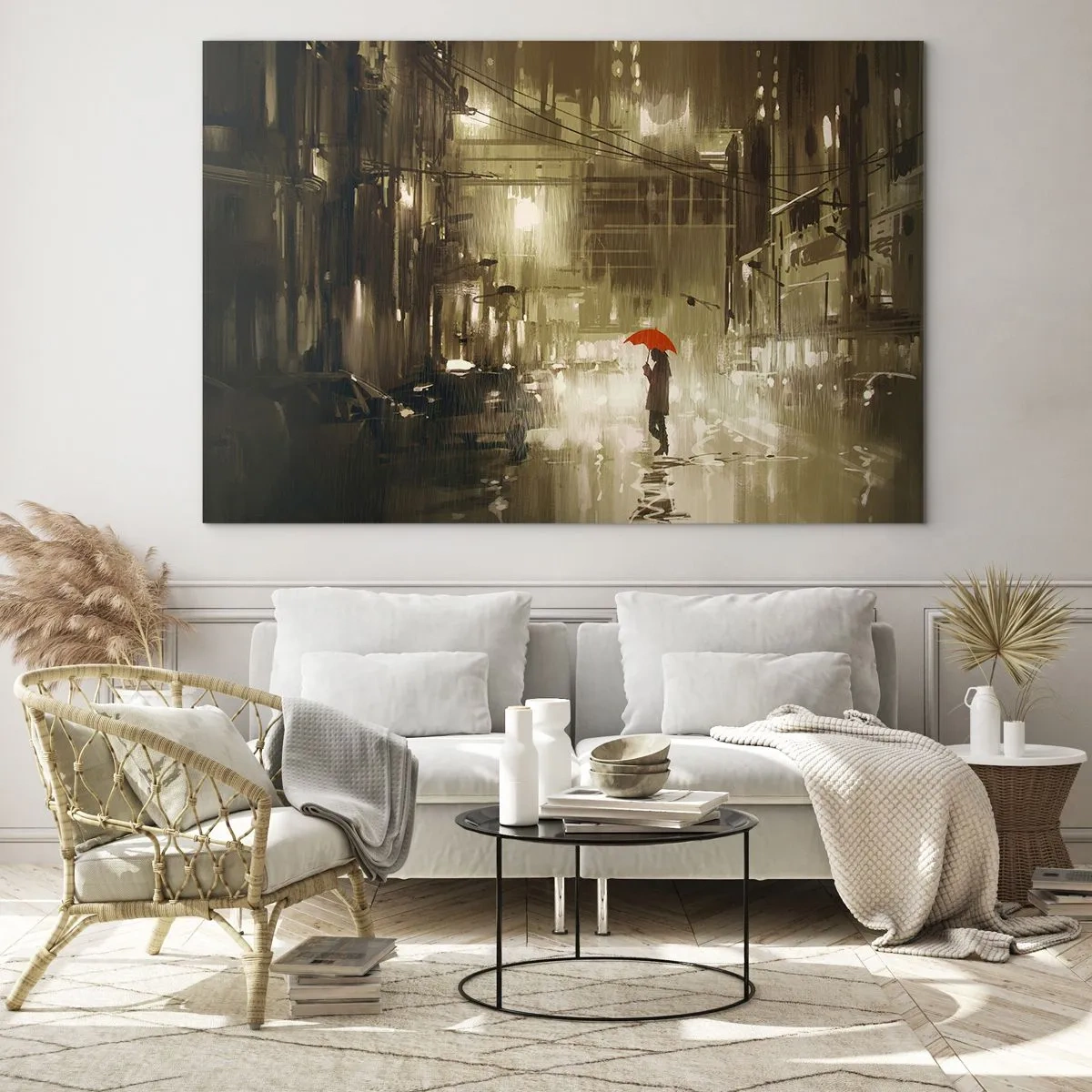 Obraz na szkle - Osoba z czerwonym parasolem w deszczowym świetle miasta nocą - 70x50cm - Sama, ale nie samotna - Nowoczesna dekoracja ścienna do salonu i sypialni ARTTOR