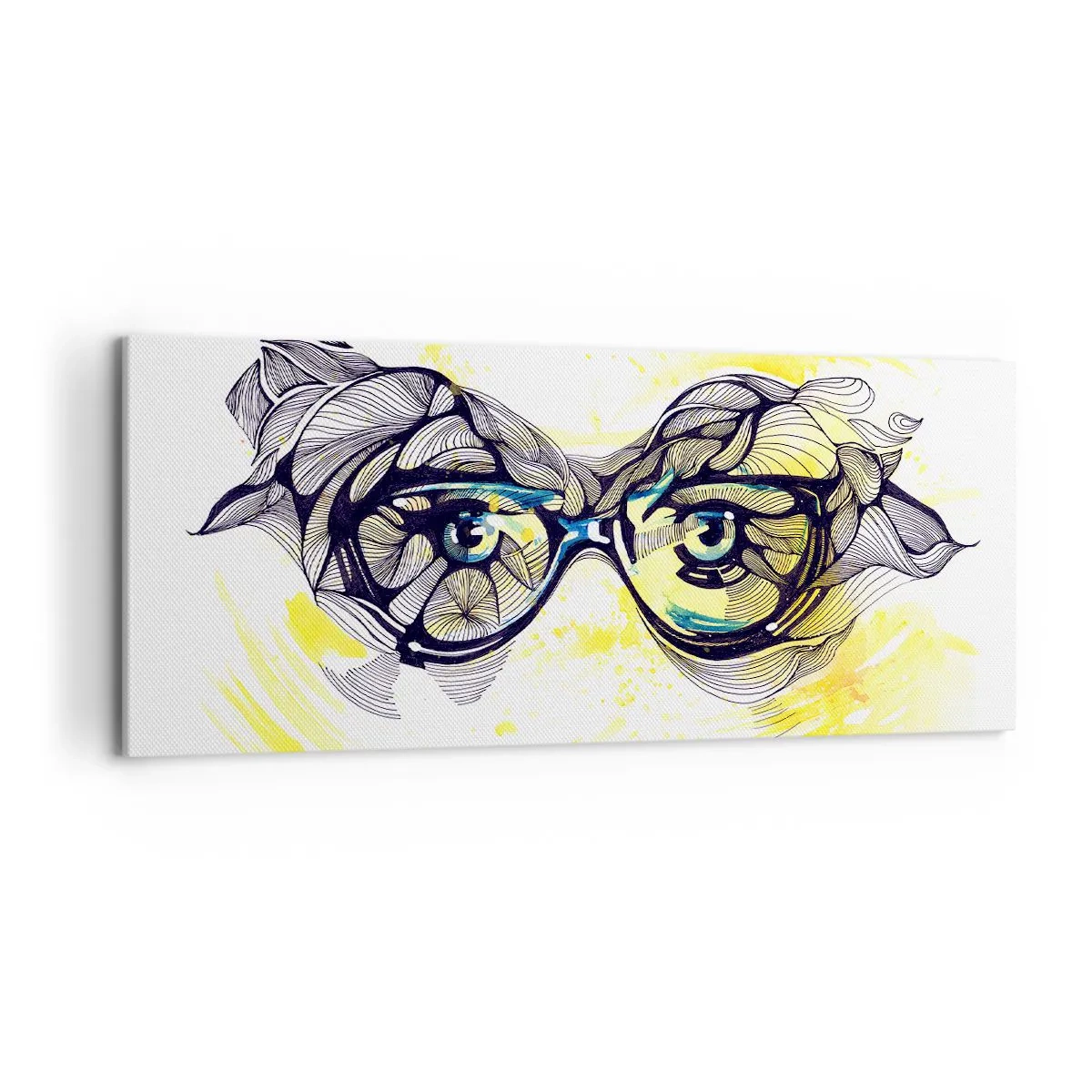 Obraz na płótnie - Artystyczna grafika okularów z wyrazistymi oczami - 120x50cm - Przez błękitne okulary - Nowoczesna dekoracja ścienna do salonu i sypialni ARTTOR