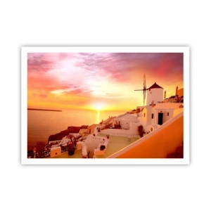 Plakat - Santorini o zachodzie słońca z wiatrakiem - 100x70cm - Rozpłynąć się w bieli i złocie - Nowoczesna dekoracja ścienna do salonu i sypialni ARTTOR
