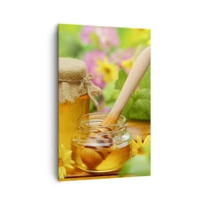 Obraz na płótnie - Słoiki miodu z kwiatami na tle letniego ogrodu - 80x120cm - Słodko i kwiatowo - Nowoczesna dekoracja ścienna do salonu i sypialni ARTTOR