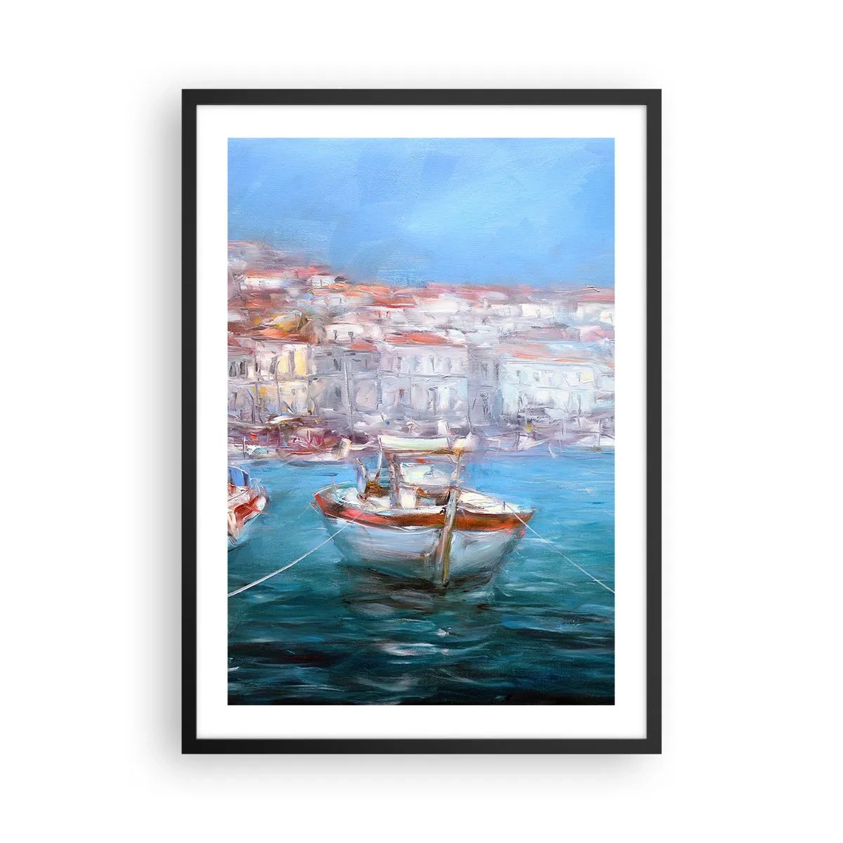 Plakat w czarnej ramie - Łódź w porcie, widok na miasto - 50x70cm - Włoska zatoka - Nowoczesna dekoracja ścienna do salonu i sypialni ARTTOR