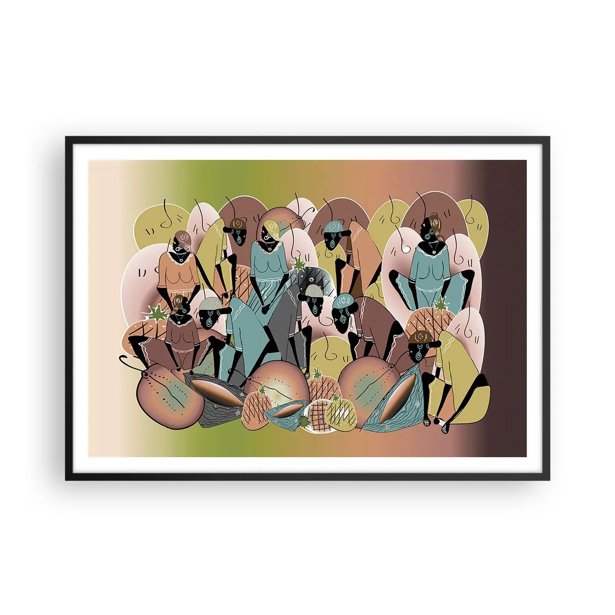 Plakat w czarnej ramie - Kolorowa kompozycja abstrakcyjna inspirowana kulturą afrykańską - 100x70cm - Nadchodzi wielkie święto - Nowoczesna dekoracja ścienna do salonu i sypialni ARTTOR