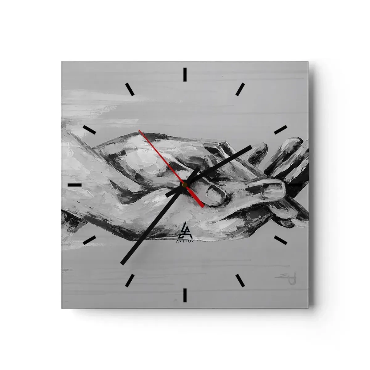 Zegar ścienny - Czarno-biała kompozycja dwóch splecionych dłoni na jasnym tle - 30x30cm - Początek… - Nowoczesna dekoracja ścienna do salonu i sypialni ARTTOR