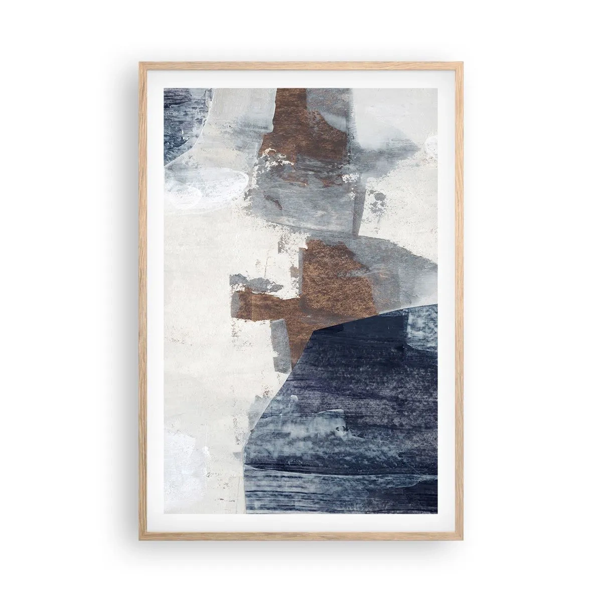 Plakat w ramie jasny dąb - Błękitno-brunatne kształty - 61x91 cm