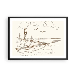 Plakat w czarnej ramie - Szkic latarni morskiej z widokiem na morze - 70x50cm - Zarys wspomnienia lata - Nowoczesna dekoracja ścienna do salonu i sypialni ARTTOR