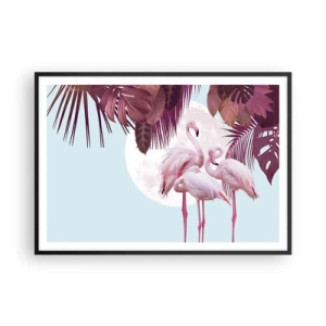 Plakat w czarnej ramie - Różowe flamingi na tle księżyca i tropikalnych liści - 100x70cm - Trzy ptasie gracje - Nowoczesna dekoracja ścienna do salonu i sypialni ARTTOR