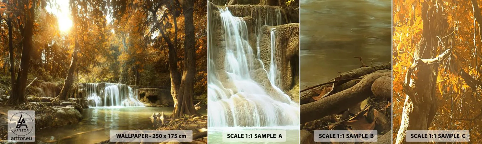 Fototapeta Próbka Samoprzylepna Deluxe Sticker - Parkowa kaskada - Krajobraz, Wodospad, Las - 100x30 cm