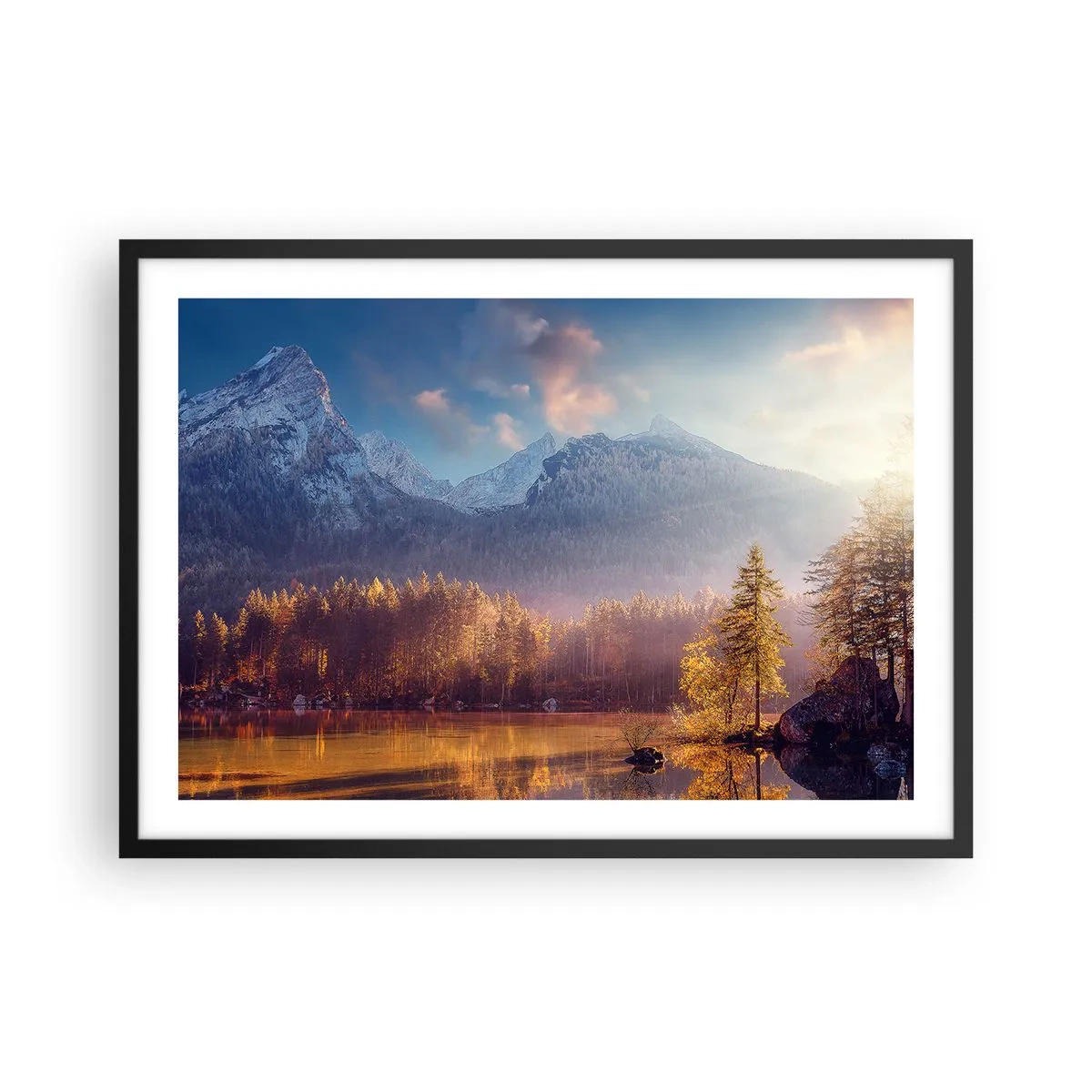 Plakat w czarnej ramie - Malowniczy widok na górski las i jezioro o świcie - 70x50cm - W górach i dolinach - Nowoczesna dekoracja ścienna do salonu i sypialni ARTTOR