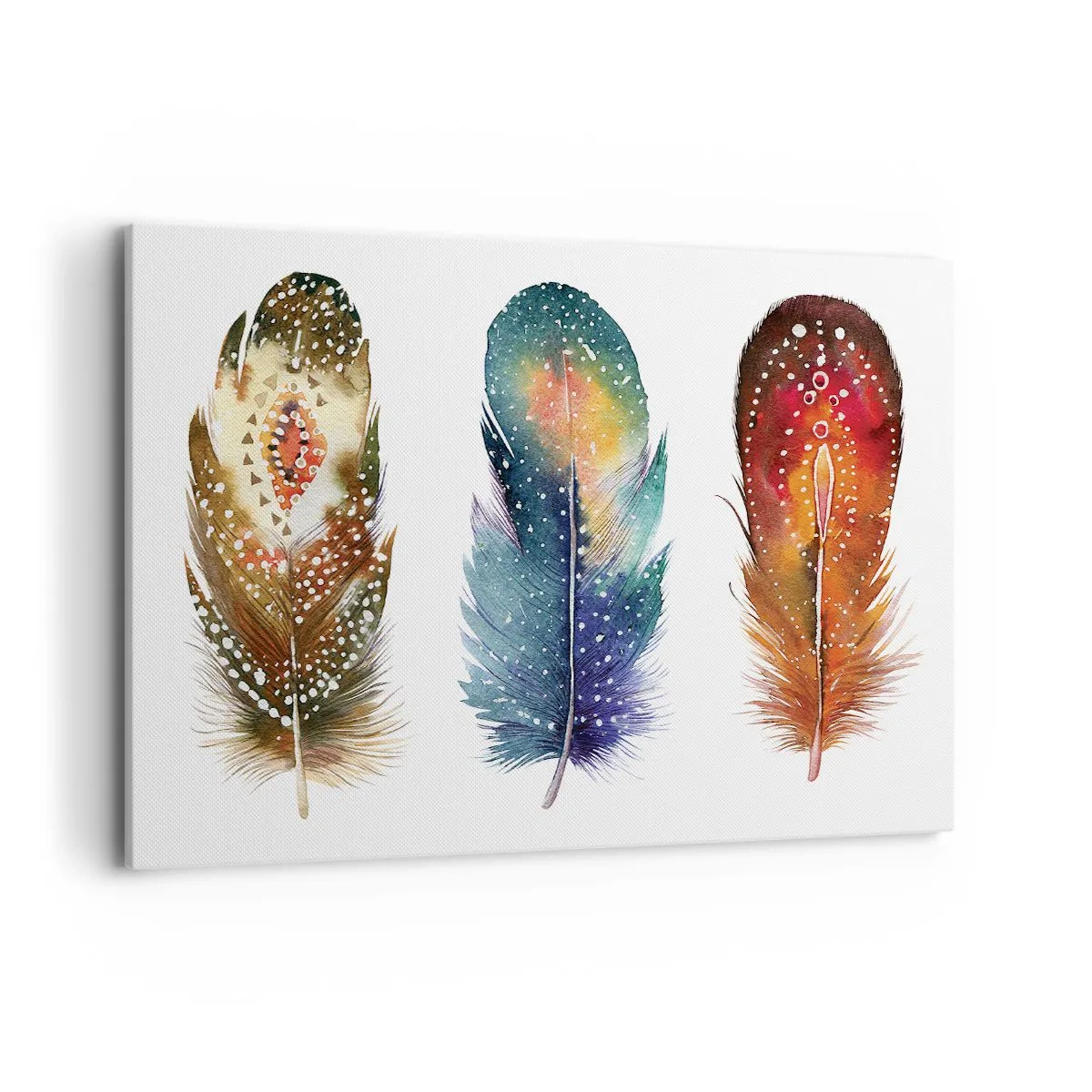 Obraz na płótnie - Trzy kolorowe pióra z artystycznymi wzorami na jasnym tle - 120x80cm - Rytuały, obrzędy, tajemnice - Nowoczesna dekoracja ścienna do salonu, kuchni i sypialni ARTTOR