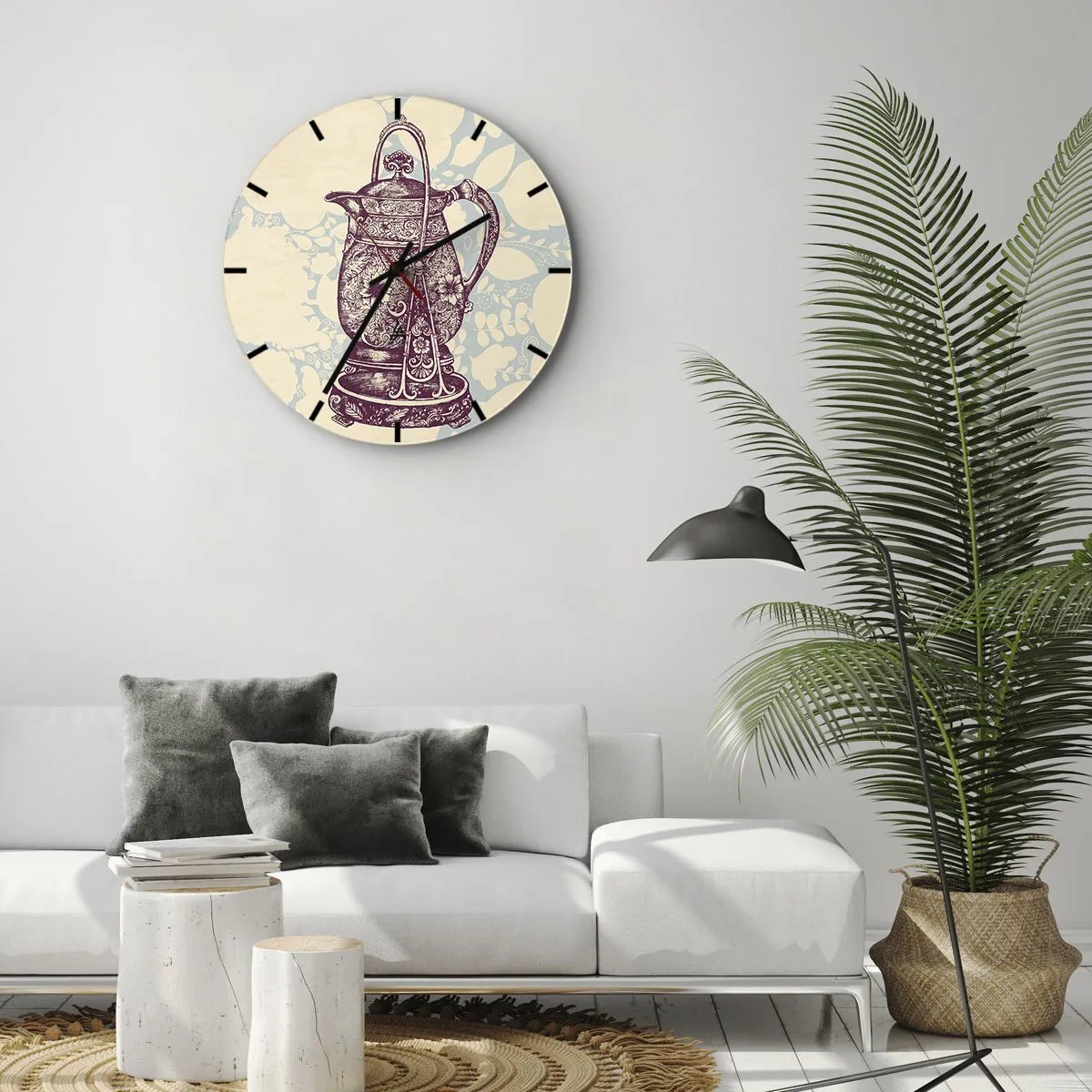 Zegar ścienny - Zdobiony dzbanek vintage na tle z roślinnym wzorem - 30x30cm - Uroda codzienności - Nowoczesna dekoracja ścienna do salonu, kuchni i sypialni ARTTOR