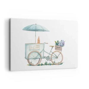 Obraz na płótnie - Rower z lodami i kwiatami pod parasolem w delikatnej pastelowej kolorystyce - 120x80cm - Słodkie wspomnienie lata - Nowoczesna dekoracja ścienna do salonu, kuchni i sypialni ARTTOR