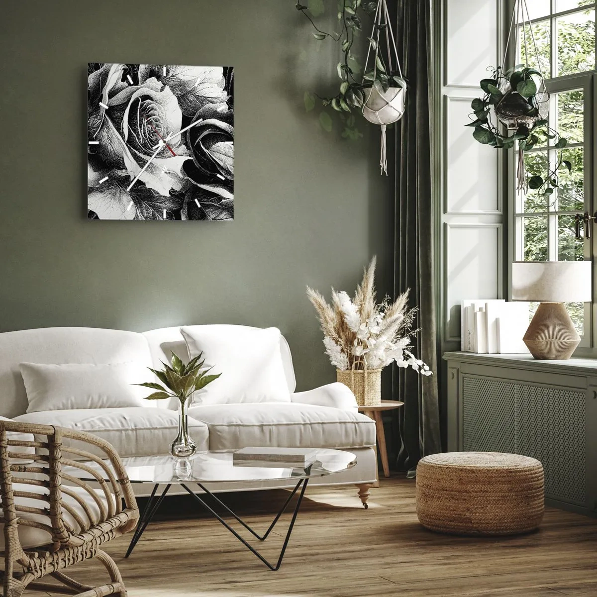 Zegar ścienny - Czarno-białe róże w eleganckiej kompozycji - 30x30cm - Zawsze królowa - Nowoczesna dekoracja ścienna do salonu i sypialni ARTTOR