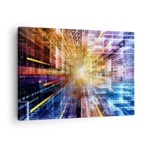 Obraz na płótnie - Dynamiczne światła w futurystycznym korytarzu - 70x50cm - Świetlny korytarz - Nowoczesna dekoracja ścienna do salonu i sypialni ARTTOR