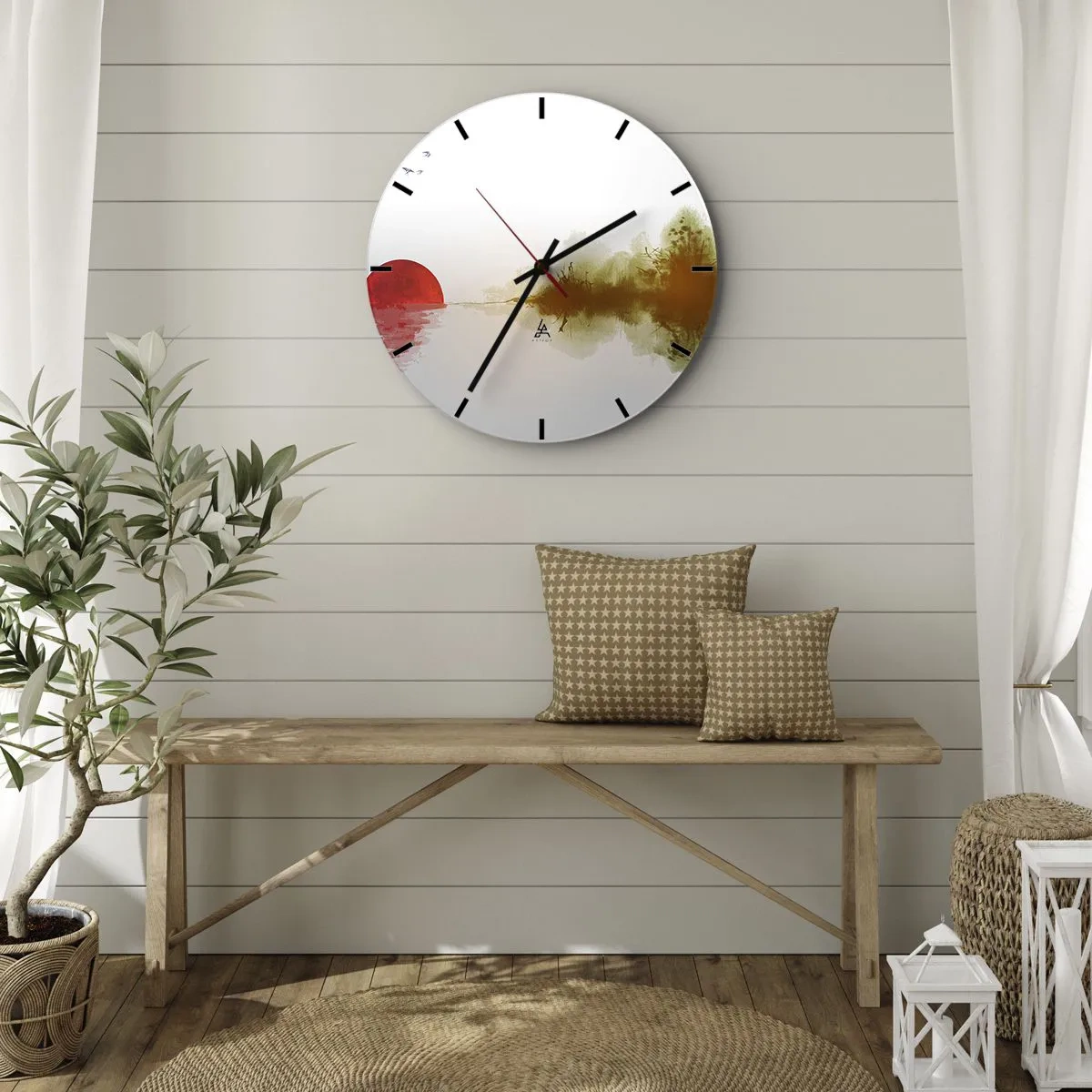 Zegar ścienny - Minimalistyczny pejzaż z czerwonym słońcem i odbiciem - 30x30cm - Obietnica spokoju - Nowoczesna dekoracja ścienna do salonu, kuchni i sypialni ARTTOR
