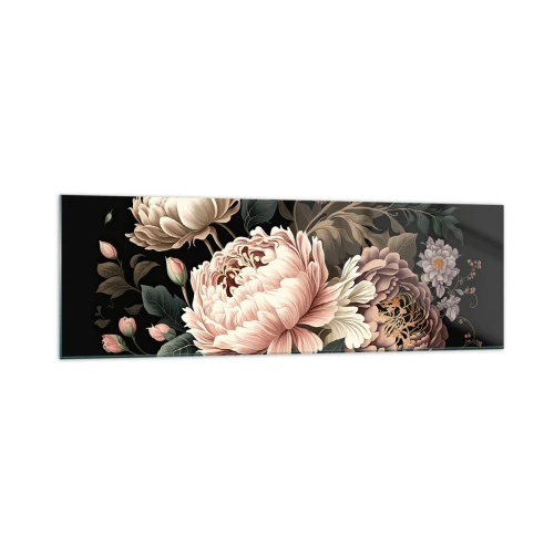 Obraz na szkle - Bukiet różowych kwiatów i motyli na czarnym tle - 160x50cm - W barokowym stylu - Nowoczesna dekoracja ścienna do salonu i sypialni ARTTOR