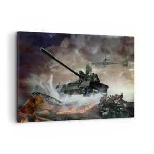 Obraz na płótnie - Scena bitwy z czołgami i samolotami w tle - 120x80cm - Bitwa jest straszna i piękna - Nowoczesna dekoracja ścienna do salonu, kuchni i sypialni ARTTOR