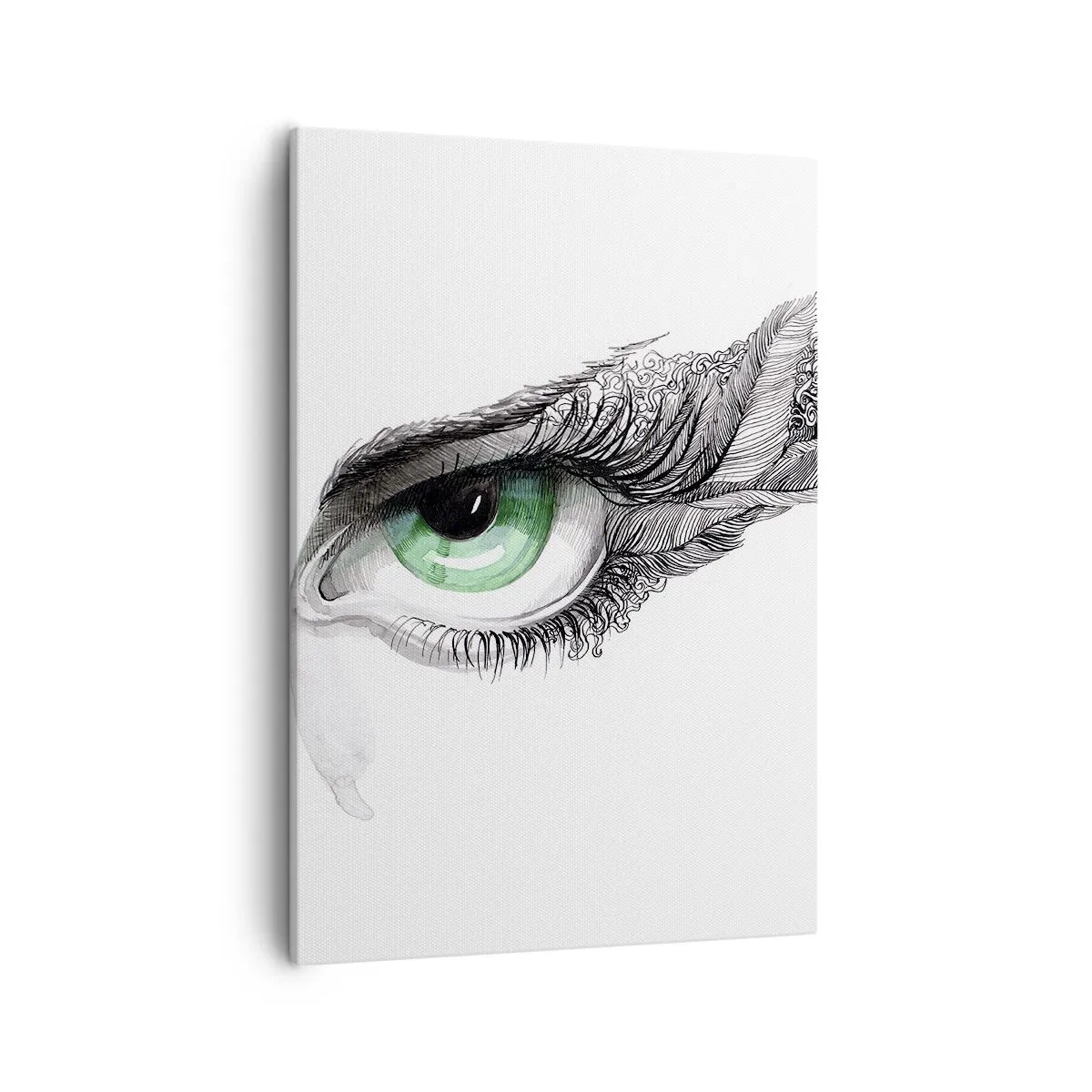 Obraz na płótnie - Oko z zieloną tęczówką, z delikatnymi detalami rzęs i artystycznym wykończeniem w czerni i bieli - 50x70cm - Piękna i gotowa do ataku - Nowoczesna dekoracja ścienna do salonu, kuchni i sypialni ARTTOR